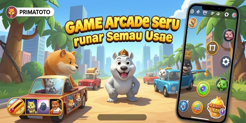 Tampilan antarmuka permainan arcade PRIMATOTO yang menarik.
