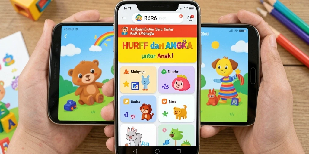 Antarmuka aplikasi R6R6 yang ramah anak untuk belajar huruf dan angka.