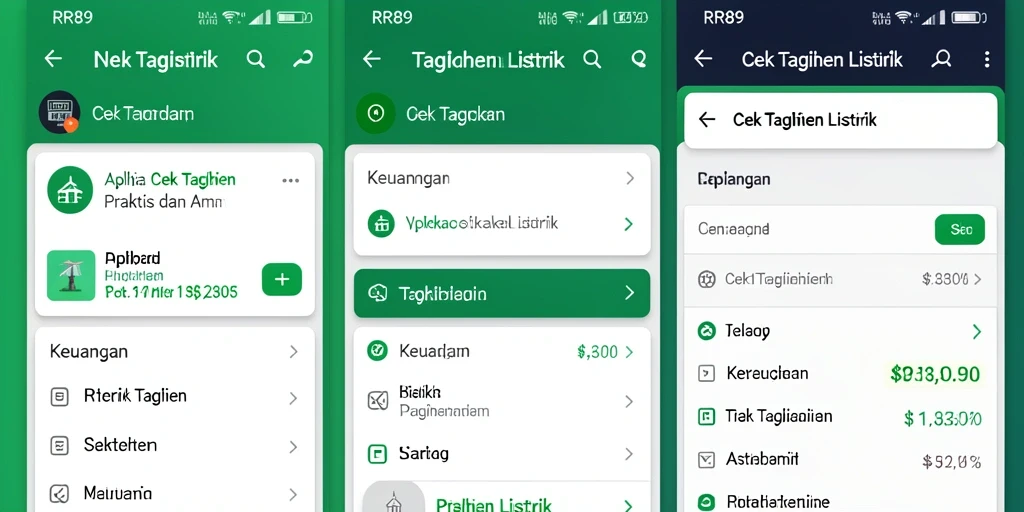 Antarmuka aplikasi RR89 untuk cek tagihan listrik yang menarik.